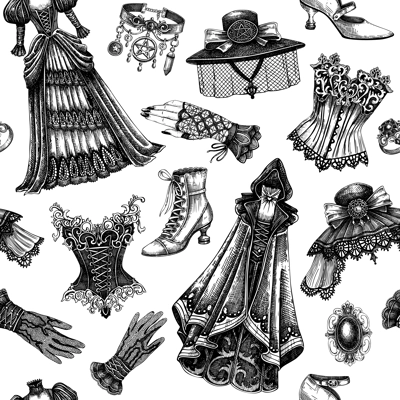Gothic background. Hand-drawn fashion illustration. Victorian clothes designs. Halloween seamless pattern. Vampire woman vector. NOT AI generated